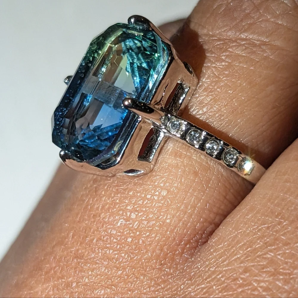 Blue/Green Tourmaline Ring, 14K White Gold Plated Double Color Gemstone Sz 6